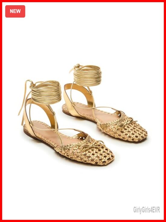 Shoes - Woven Ballet Flats: Lace Up Square Toe Summer Sandals